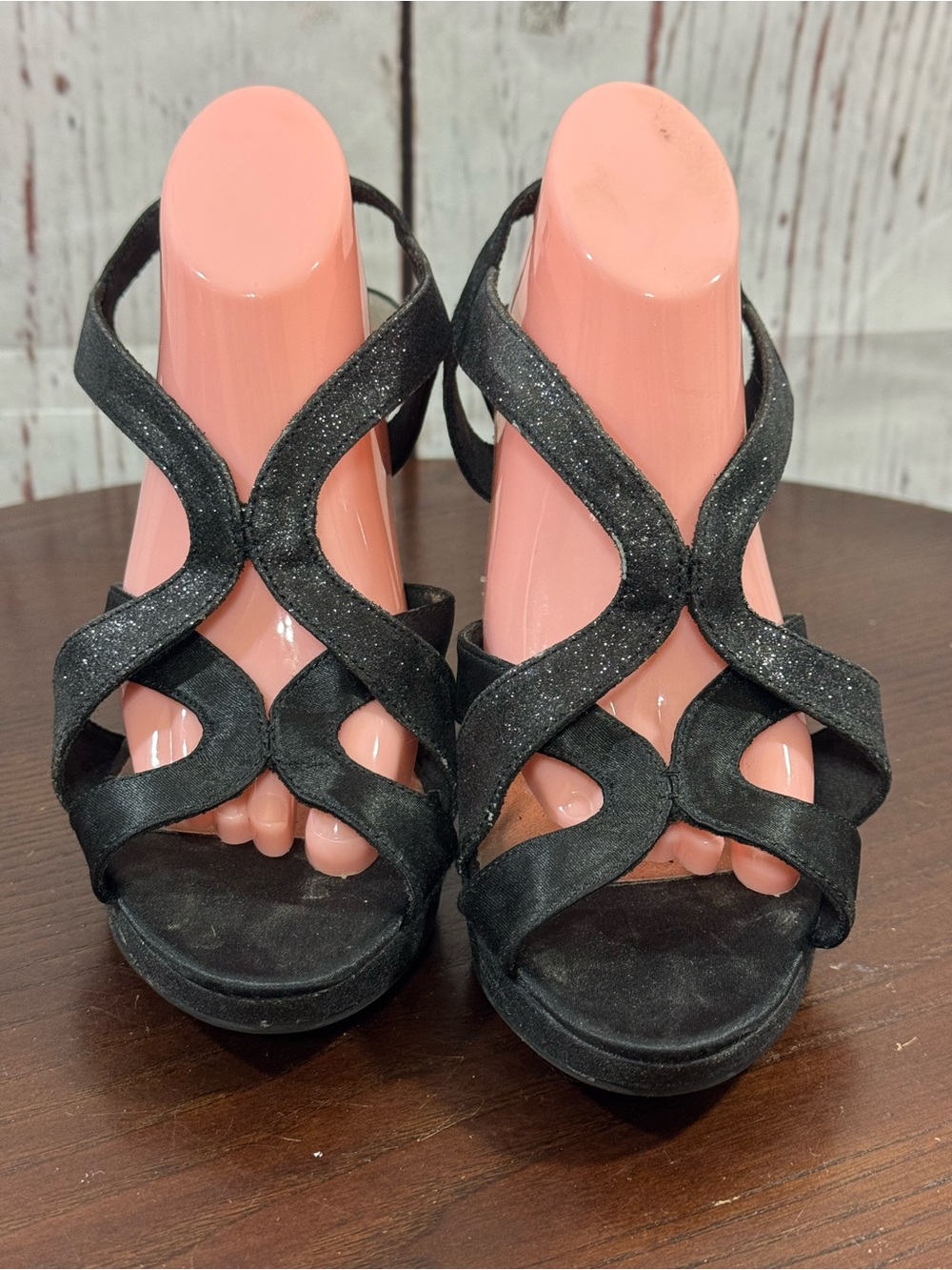 Fioni Night Black Glitter Strappy Women's Platform Heels women’s 6 Wide